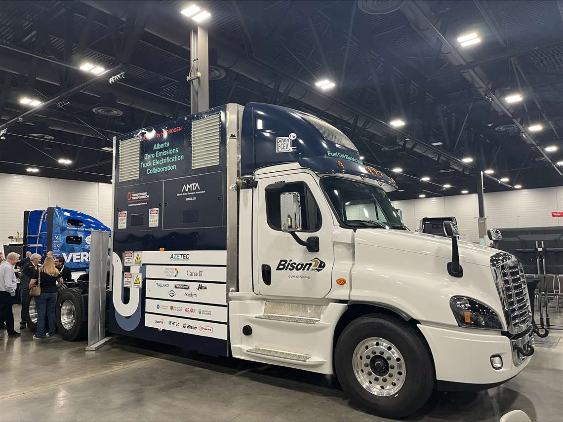 AZETEC hydrogen fuel-cell truck with its power-unit enclosure on display at the AMTA expo